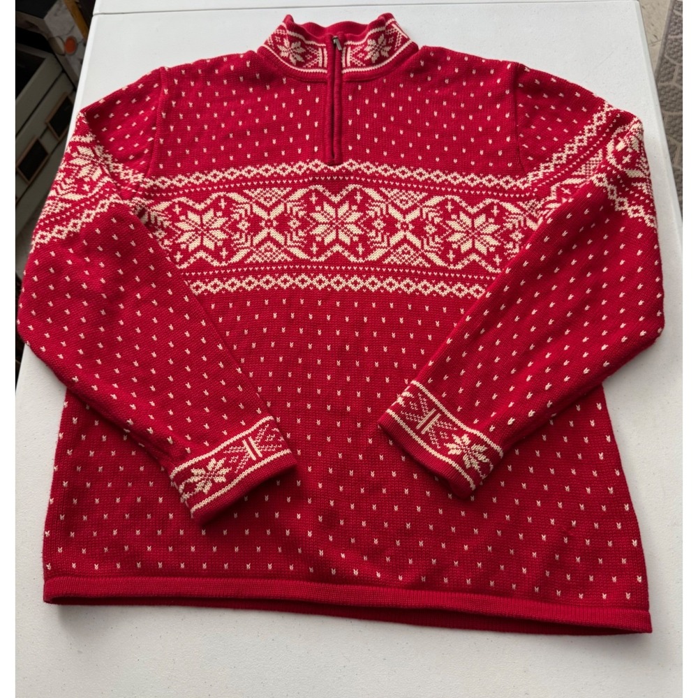 Lands End Mens M 38-40 Fair Isle Nordic Sweater Red Cream 1/4 Zip 100% Cotton - Picture 2 of 11